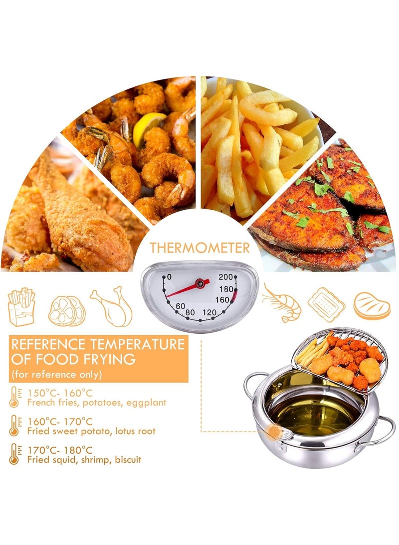 قدر قلي عميق من الفولاذ المقاوم للصدأ سعة 2.2 لتر - مقلاة تمبورا مزودة بمقياس حرارة مدمج وغطاء ورف لتجميع الزيت، مثالية لقلي الدجاج والمأكولات البحرية والبطاطس المقلية والوجبات الخفيفة في المنزل - Image 2